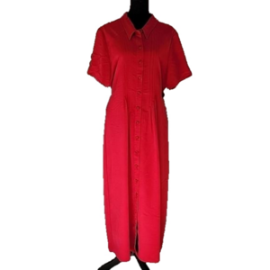 Vintage Cardinal Red Poly/Rayon Buttonfront Pintuck Shirt Dress Size Large EUC